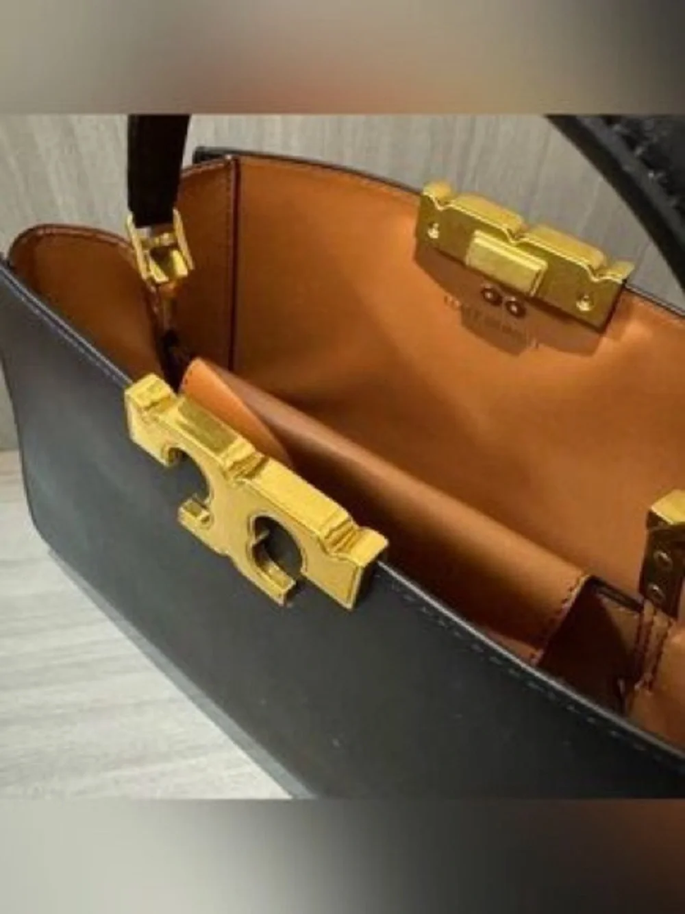 Tory Burch Black Leather Top-Handle Satchel with Gold-Tone Logo